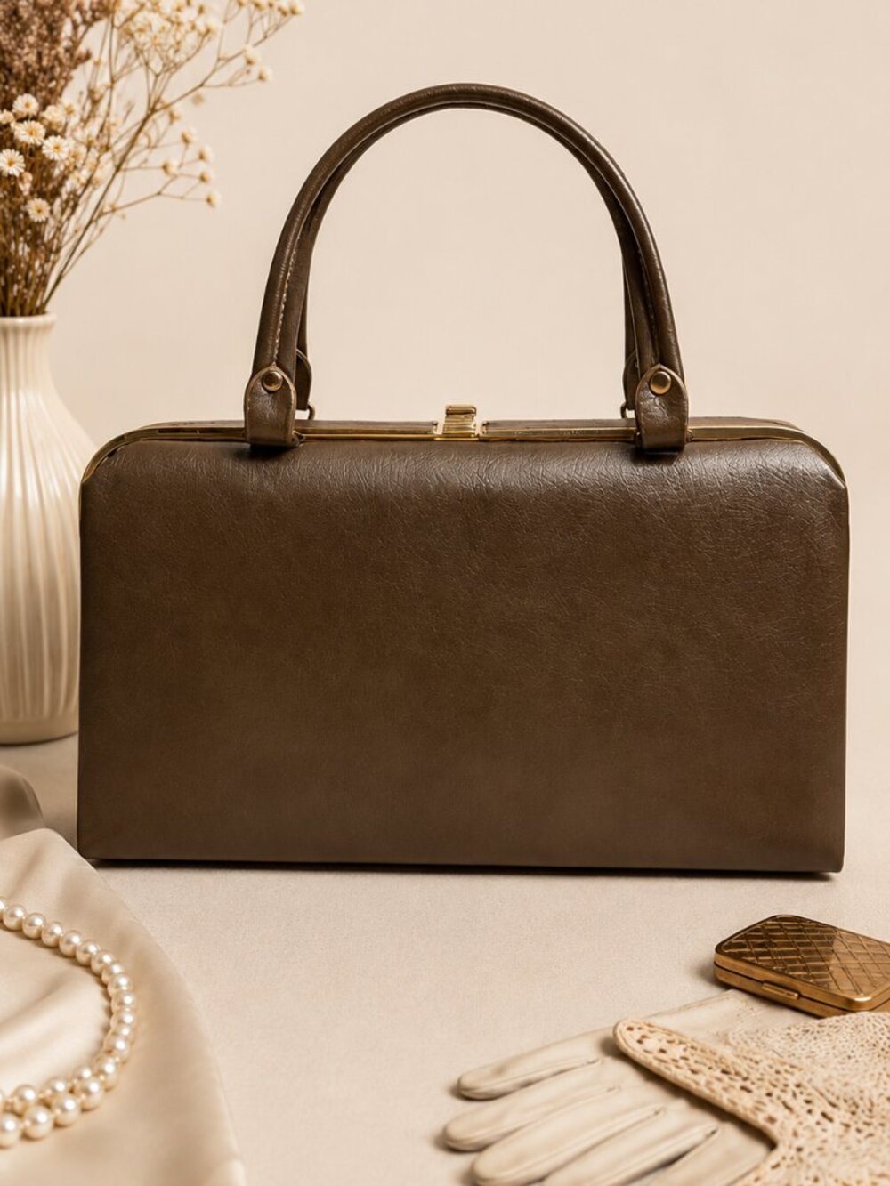 Vintage Dover Brown Structured Top Handle Handbag Mid Century Mod Purse